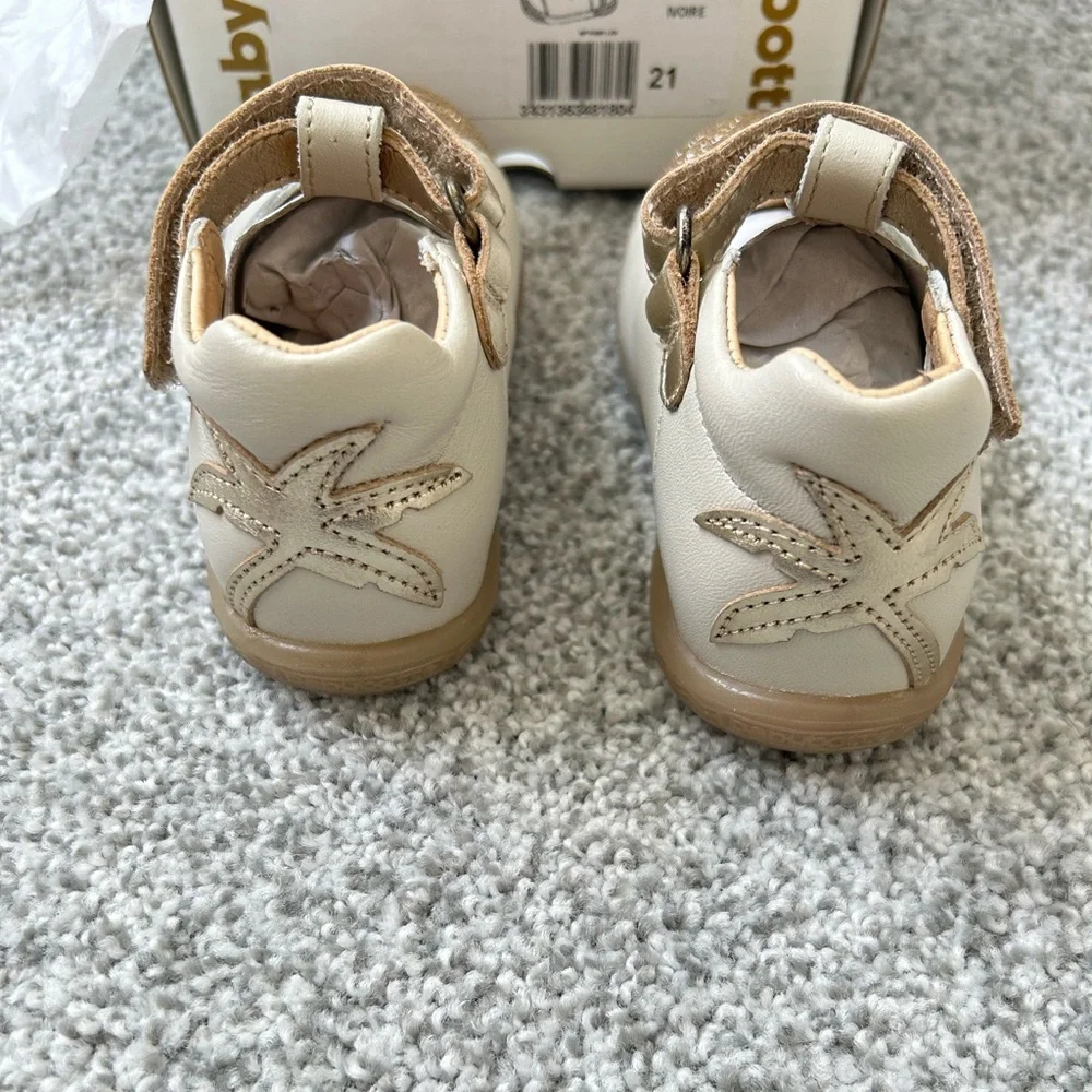 Girls Cream Mary Jane Shoes with Gold Glitter Toe